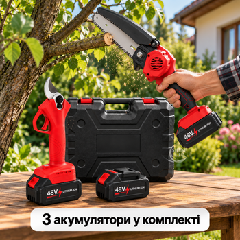 Набір садовий акумуляторний 2в1 міні ланцюгова пилка 6" та електричний секатор, бездротовий комплект у кейсі для обрізки дерев, кущів і гілок з 3 акумуляторами Li-Ion для саду та дачі, SEKP-2