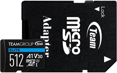 Карта пам'яті Team Group Elite microSDXC 512GB UHS-I U3 V30 + SD-адаптер (TEAUSDX512GIV30A103)