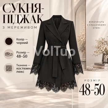 Платье жакетного кроя черное 48–50 с кружевом, платье-пиджак с поясом, лацканами и длинными рукавами
