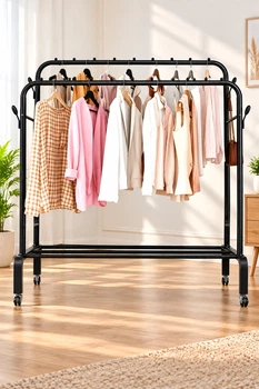 Двойная стойка вешалка для одежды и обуви Doble Pole Hanger black скрючками на колесах напольная стальная с полкой