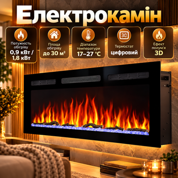 Электрокамин ArtiFlame 1800 Вт до 30 м² 3D пламя настенный встраиваемый Обогреватель с пультом цифровым термостатом таймером звуком горения для дома