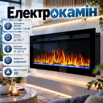 Электрокамин ArtiFlame 1800 Вт до 30 м² 3D пламя настенный встраиваемый Обогреватель с пультом цифровым термостатом таймером звуком горения для дома