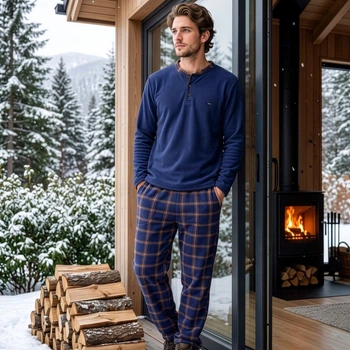 Пижама (кофта+штаны) мужская теплая Флис 2XL синяя Клетка PIJAMONI PJ6100-14
