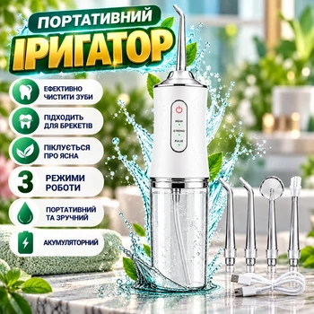 Портативный ирригатор для чистки брекетов зубов и полости рта аккумуляторный 3 режима белый