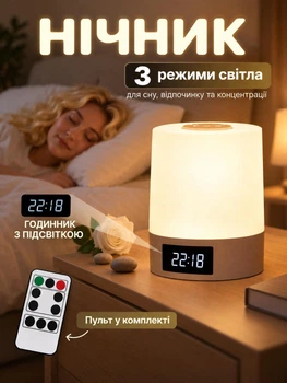 Ночник-светильник с часами и пультом управления, 3 режима света, регулировка яркости, сенсорное управление, аккумуляторная настольная LED лампа USB Type-C Белый