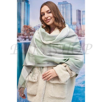 Кашемировый палантин в клетку шарф женский зимний Braxton 7016 75 х 180 зеленый + серый