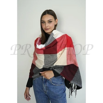 Нежный кашемировый палантин с цветными квадратами Braxton 7027 70 х 180 черный + молочный + красный + белый
