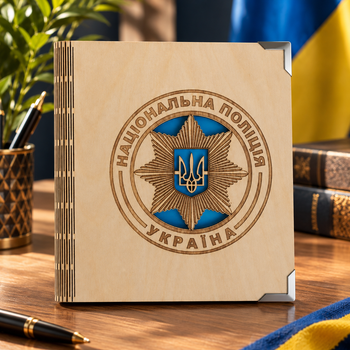 Деревянный блокнот "Національна поліція Україна" (на цельной обложке с ручкой), ежедневник из дерева
