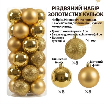 Набор елочных шаров золотистого цвета диаметром 3 см (24 шт: 8 глянцевых, 8 матовых, 8 глиттеровых) 0001076