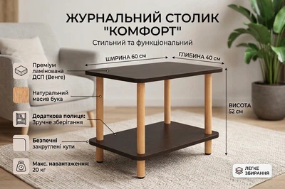 Журнальный столик MEBEL ART с дополнительной полкой 60х40х52 см Черный/Светлое дерево