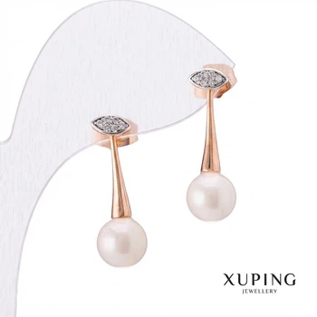 Сережки Xuping з перлами Майорка, 26х8 мм, позолота 18к