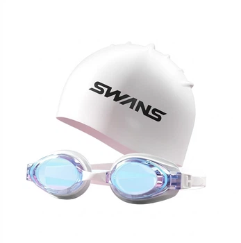 Очки для плавания зеркальные Swans без диоптрий, с шапочкой, белые, Goddess White