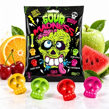Цукерки льодяники Кислі у формі Черепів Sour Madness Skull Shock Шокуючі черепи Фруктове асорті 4 смаки Пакет 60г