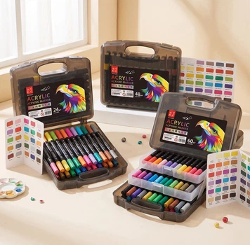 Набор акриловых маркеров-кистей Acrylic Brush Marker 60 шт. в пластиковом кейсе с палитрой