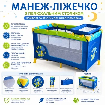 Дитячий манеж-ліжко 2 в 1 Lorelli Nanny 2 Layers Plus Dinos Blue з пеленатором та сумкою