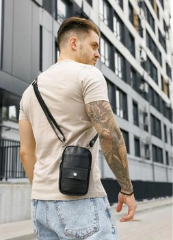 Чоловіча шкіряна сумка для телефону чорна через плече Sambag Modena 68618