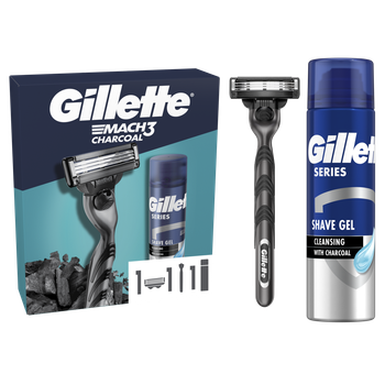 Подарунковий набір: Станок чоловічий Gillette Mach3 Charcoal з 1 змінним картриджем, Гель для гоління Gillette Series 200 мл