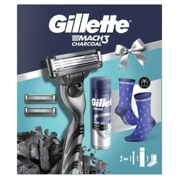 Подарунковий набір: Станок для гоління Gillette Mach3 Charcoal з 2 змінними картриджами, Гель для гоління 200 мл, Шкарпетки