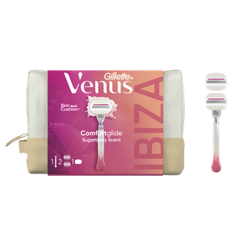 Подарунковий набір: Станок для гоління Gillette Venus Comfortglide Sugarberry Plus Olay з 2 картриджами + косметичка