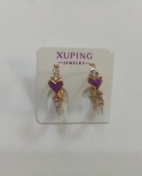 Сережки Xuping медичний сплав серце з кристалами золотисто-фіолетові