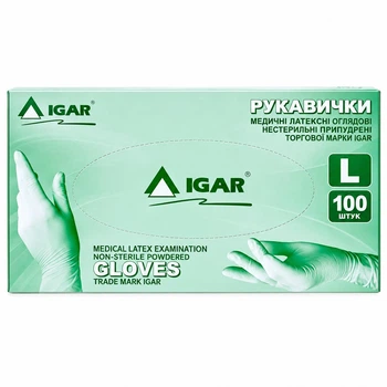 Перчатки латексные Igar смотровые нестерильные опудренные L 50 пар.