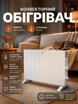 Конвекторний обігрівач електричний 2500 Вт підлоговий електроконвектор для дому електрообігрівач з терморегулятором Білий