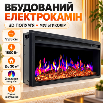 Електричний камін для будинку до 30 м² з імітацією живого вогню декоративний вбудований камін 1800 Вт з обігрівом і термостатом