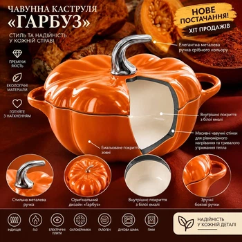 Чавунна каструля Гарбуз Orange 3,6 л з високоякісною емаллю з кришкою та металевою ручкою помаранчева індукція