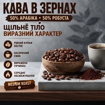 Кофе в зернах 1 кг зерновой 50% арабика купаж 50% робуста средней обжарки насыщенный с горчинкой обжаренные зерна на вес для кофемашины турки фильтра аэропресса плотный бодрящий