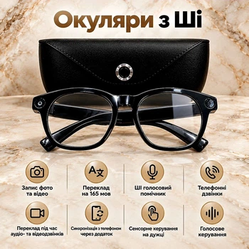 Смарт-окуляри з ШІ AI Smart Glasses з камерою 8 МП, відео 1080P, перекладачем 165 мов, Bluetooth, 4 ГБ, зарядним чохлом 2000 мА·год, чорні