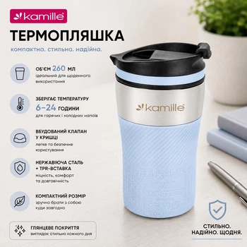 Термокружка Kamille из нержавеющей стали с TPR-вставкой голубой 260 мл 2154