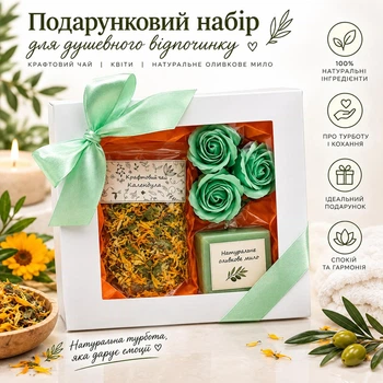Подарочный SPA-набор для женщины – натуральное оливковое мыло 100 г, мыльные розы 3 шт, крафтовый чай календула (5743-2264)