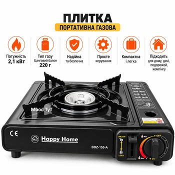 Плита газовая походная переносная одноконфорочная Happy Home портативная под газовые балончики с переходником на балон
