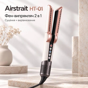 Фен випрамляч для волосся Airstrait HT-01 2в1 стайлер для сушіння та вирівнювання волосся Рожевий
