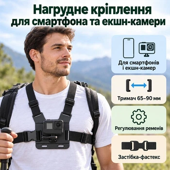 Кріплення на груди для смартфона, GoPro, DJI та інших камер з страхувальною гумовою сіткою