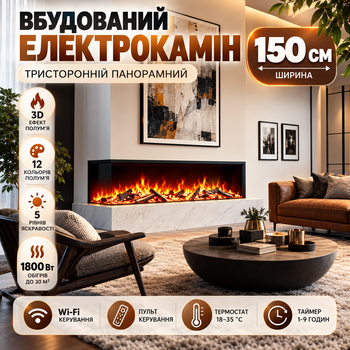 Встроенный электрокамин 150 см 1800 Вт трехсторонний с 3D пламенем Wi-Fi обогревом до 30 м² пультом и термостатом