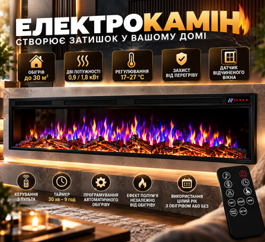 Електрокамін з обігрівом до 30 м² 148 см камін електричний вбудований 1800 Вт з ефектом полум’я звуком горіння та дистанційним керуванням