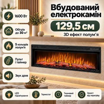 Електричний камін 50″ 1600 Вт до 30 м² декоративний електрокамін з ефектом живого вогню вбудований камін з пультом термостатом і звуком дров
