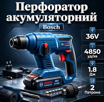 Аккумуляторный перфоратор Bosch 36V 4850 уд/мин 1.8 Дж Кейс 2 аккумулятора зарядное Набор сверл и бит