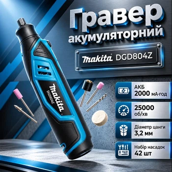 Мини-Гравер Makita АКБ 2000 мАч 5000–25000 об/мин 5 режимов Цанга 3,2 мм набор насадок 42шт