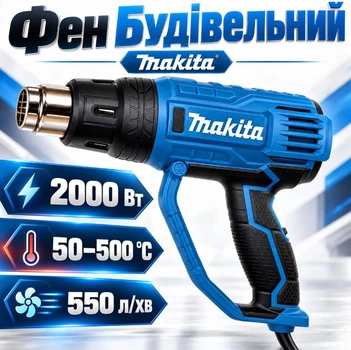 Строительный фен Makita 2000 Вт высокая температура 50-500 ° C и производительность 550 л/мин
