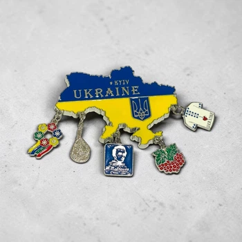 Магніт сувенірний карта України Kyiv Ukraine з елементами, металевий, синьо-жовта мапа з тризубом України