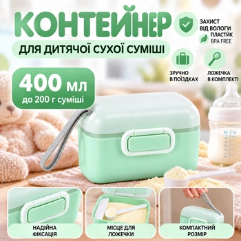 Контейнер для хранения детской сухой смеси 400 мл Мятный для прогулок и поездок