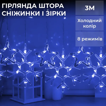 Гірлянда-штора Зірки та сніжинки розмір 3*0,9 м 10 фігур, синій(1733066BL)(PR)