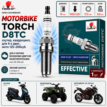 Свічка запалювання MOTO: D8TC скутер, квадро, 4-такт. двіг., мото 125-200куб. (довг. 19мм, /М12*1,25/ ключ 17,5 ) [Torch] D8EA