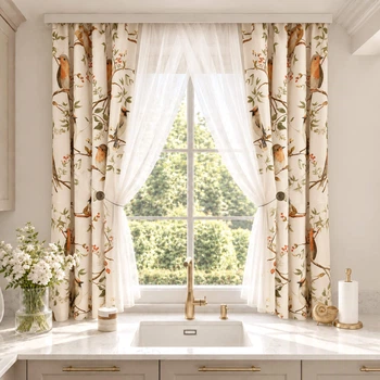 Короткі штори з пташками з білим тюлем Adagio Windows Decor для карнизу 1,5-2м, Занавіски - фіранки з підхватами