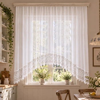 Шифонова штора арка з бахромою мереживом для кухонного вікна Adagio Windows Decor Тюль фіранка біла 3х1,6м