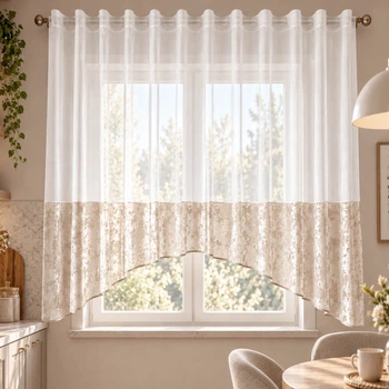 Тюль арка для кухні з акцентом Мрамор Adagio Windows Decor Біло бежева 2,7х1,6м, легка коротка зоряна фіранка