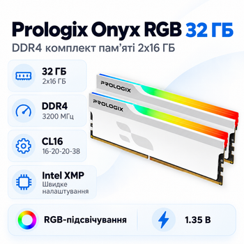 Оперативная память Prologix Onyx RGB 32 ГБ 2x16 ГБ DDR4 3200 МГц CL16 White (PRO32GB3200YWR4K)