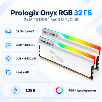 Оперативная память Prologix Onyx RGB 32 ГБ 2x16 ГБ DDR4 3600 МГц CL18 White (PRO32GB3600YWR4K)